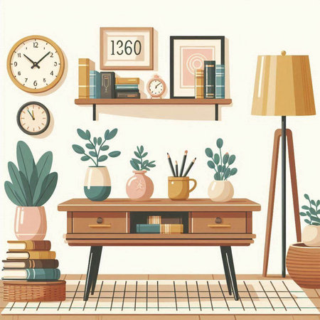 Living room interior with bookshelf, books and plants. Flat style vector illustration.のイラスト素材