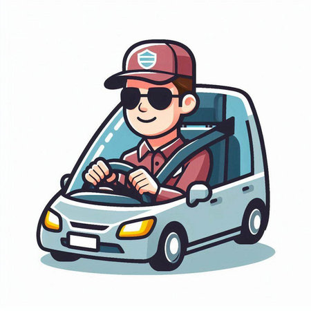 Courier in a car. Vector illustration on white background.のイラスト素材