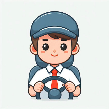 Cute boy driver holding steering wheel. Vector illustration in cartoon style.のイラスト素材