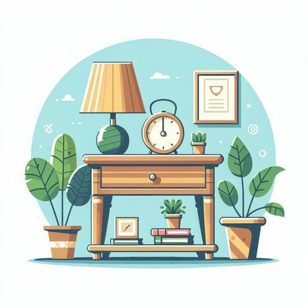 Bedside table with lamp, books and plants. Flat vector illustration.のイラスト素材