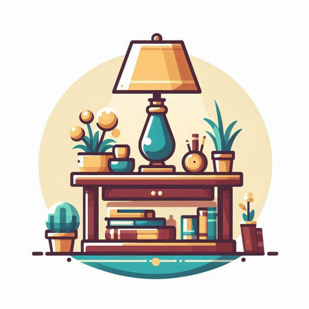 Vector illustration of a cozy living room with a bookshelf, a lamp, a potted plant, a houseplant and a cup of coffee.のイラスト素材