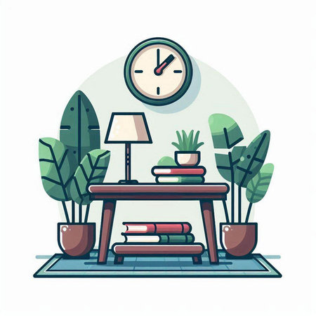 Vector illustration of home office workspace. Workplace with books, lamp and plants.のイラスト素材