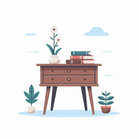 Furniture with flowers and books. Flat style vector illustration.のイラスト素材