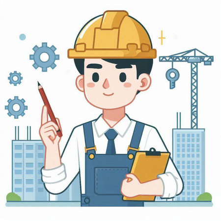 Architect working on the construction site. Vector illustration in a flat style.のイラスト素材