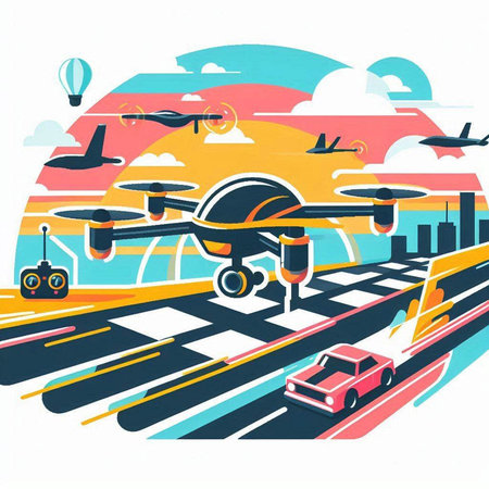 Drone flying on the runway. Vector illustration in flat style.のイラスト素材