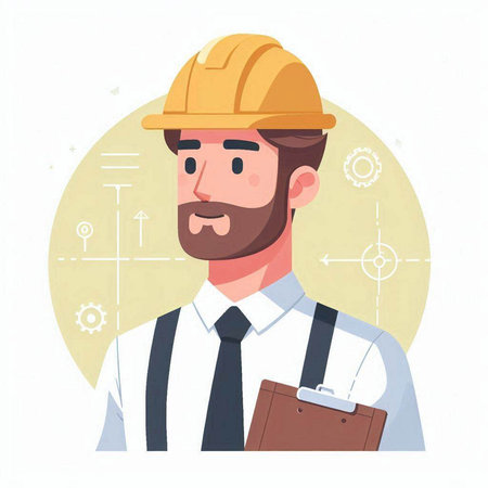 Engineer in helmet and overalls. Vector illustration in flat styleのイラスト素材