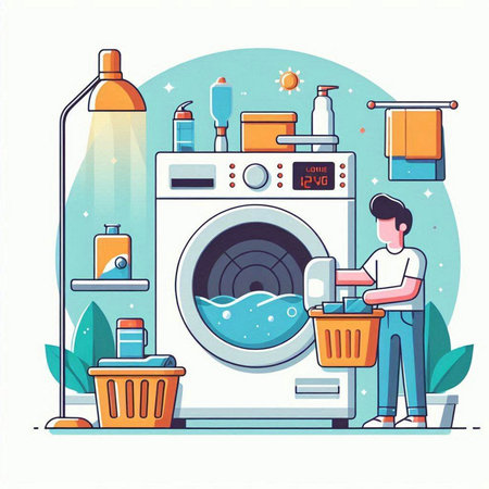 Laundry service, washing machine, cleaning products. Flat vector illustration.のイラスト素材