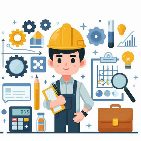 Engineer man working with construction tools. Flat design vector illustration.のイラスト素材