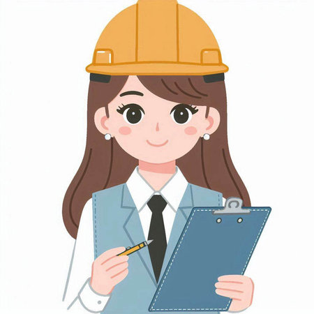 Female architect with a clipboard and a yellow hard hat, vector illustrationのイラスト素材