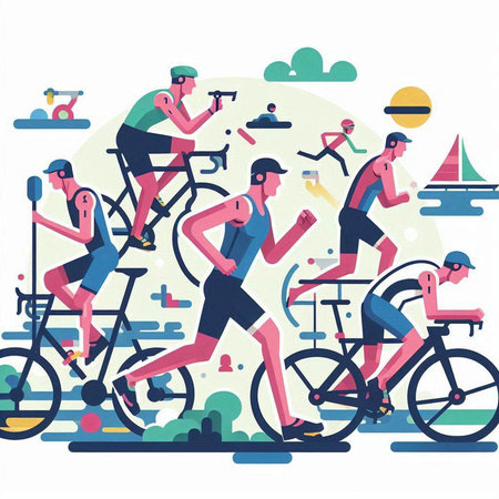Cyclists running race vector illustration. Men and women cycling together.のイラスト素材
