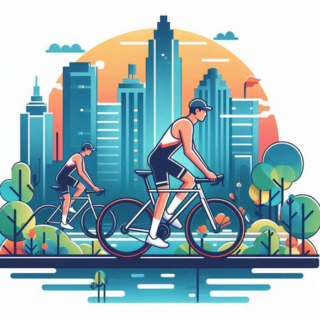 Cyclists in the city. Healthy lifestyle. Vector illustration.のイラスト素材