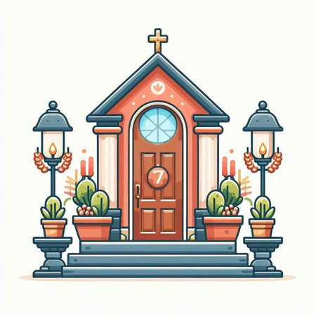 Cartoon vector illustration of catholic church. Religious building with wooden door, lanterns and flowers in pots.のイラスト素材
