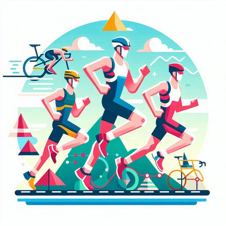 Cyclists run on the road. Vector illustration in flat styleのイラスト素材