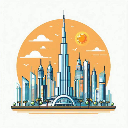 Dubai city skyline with skyscrapers. Vector illustration in flat styleのイラスト素材