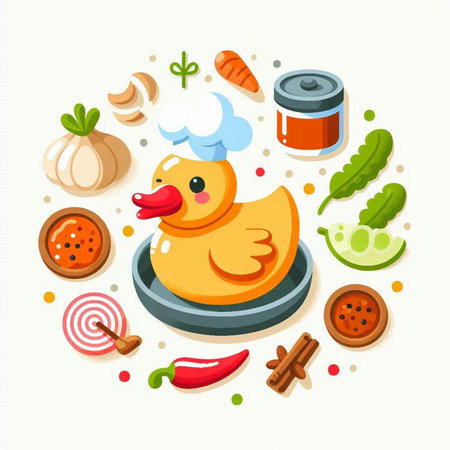 Vector illustration of cute cartoon rubber duck, vegetables and spices on white background.のイラスト素材