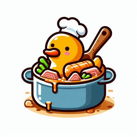 Illustration of Cute Chicken Cooking in Pot with Spoon and Forkのイラスト素材