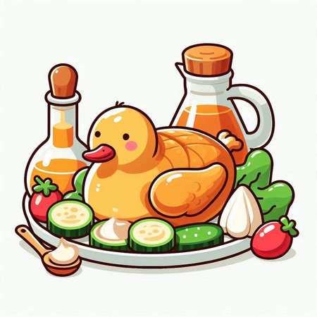 Illustration of a chicken and vegetables on a plate. Vector.のイラスト素材