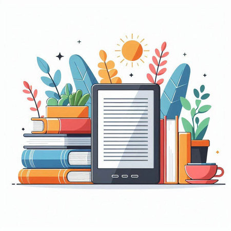 Smartphone with tablet and stack of books. Flat vector illustration.のイラスト素材