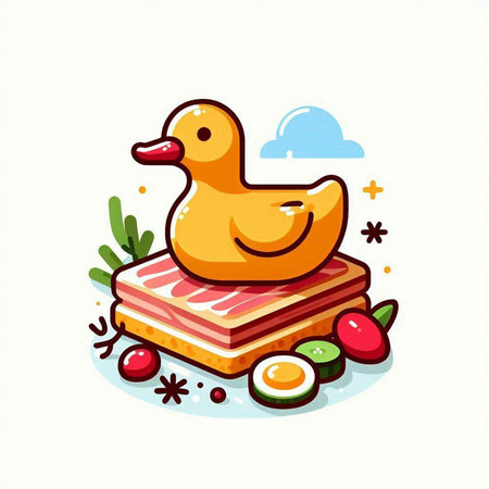 Illustration of a cute duck on a piece of bread. Vector illustrationのイラスト素材