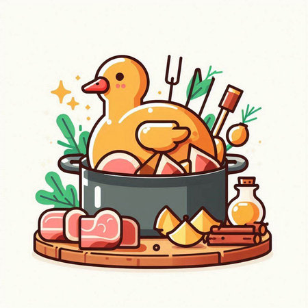 Illustration of a chicken in a cooking pot. Vector illustration.のイラスト素材