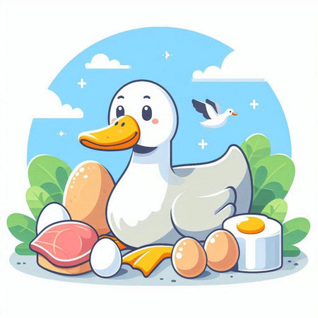 Illustration of a duck and eggs on a white background. Vector illustrationのイラスト素材
