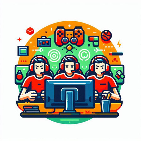 Vector illustration of a group of people playing video games on the computer.のイラスト素材