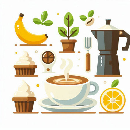 Coffee time, vector illustration in flat style. Coffee cup, coffee pot, cake, fruits, spoon, grinder.のイラスト素材