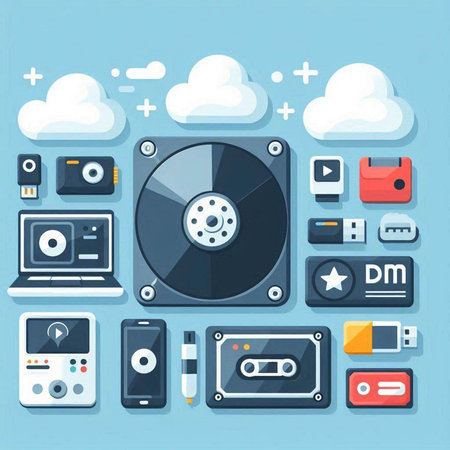 Flat design vector illustration concept of media player icons and multimedia technology elements.のイラスト素材
