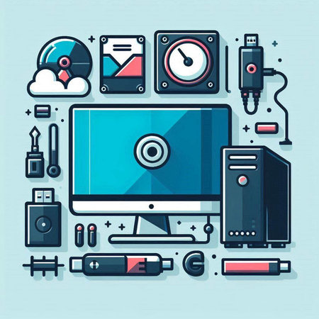 Vector illustration of a flat design of a computer and technology icons.のイラスト素材