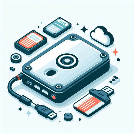 Vector isometric illustration of hard disk drive and usb flash drive.のイラスト素材