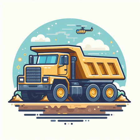 Dump truck in the construction site. Vector illustration. Flat style.のイラスト素材