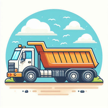 Dump truck in flat style. Vector illustration isolated on white background.のイラスト素材