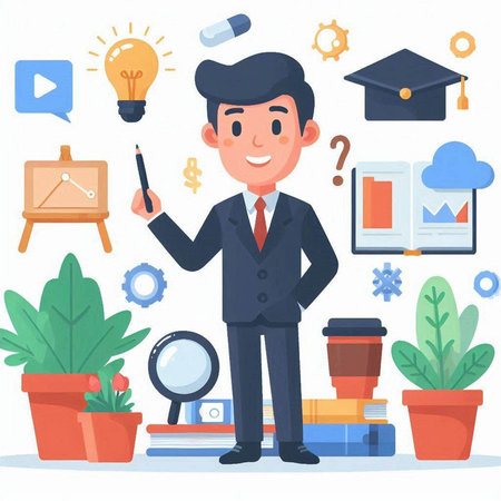 Businessman cartoon character vector illustration. Businessman in a business suit with a pointer in his hand and a lot of icons on the background.のイラスト素材
