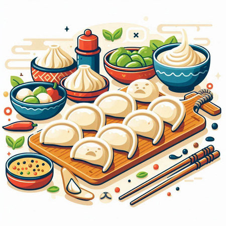 Vector illustration of dumplings with meat and vegetables in cartoon style.のイラスト素材