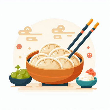 Chinese dumplings in a bowl with chopsticks. Vector illustration.のイラスト素材