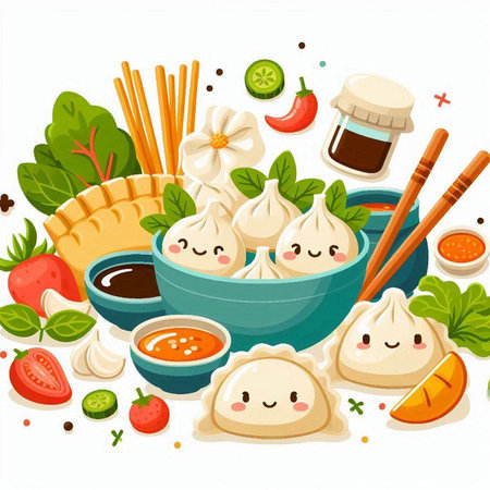 Vector illustration of chinese dumplings with vegetables, sauce and chopsticksのイラスト素材