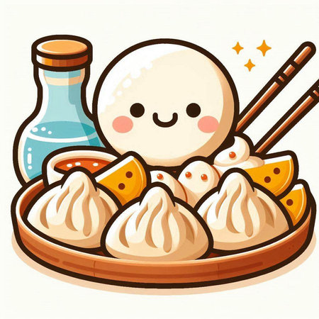 Illustration of a Cartoon Dumpling with Sushi and Chopsticksのイラスト素材