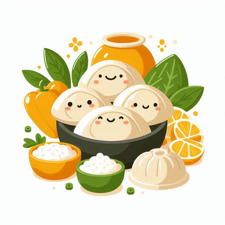 Vector illustration of Chinese steamed dumplings. Cute cartoon characters.のイラスト素材