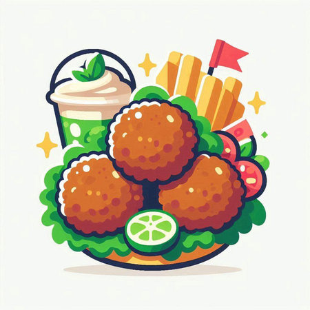 Illustration of fast food, hamburger, french fries and saladのイラスト素材