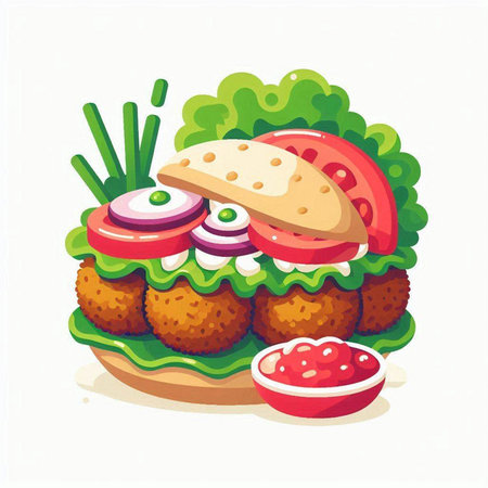 Vegetarian burger with lettuce, tomato and onion. Vector illustrationのイラスト素材