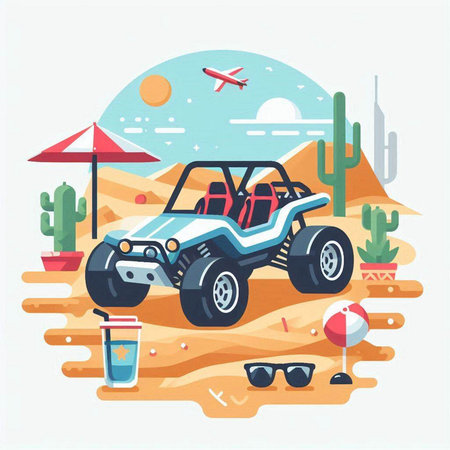 Off-road vehicle in the desert. Vector illustration in flat styleのイラスト素材