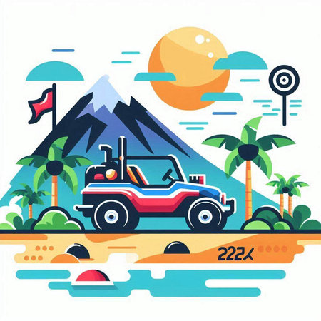 Truck on the background of the mountains and palm trees. Flat vector illustration.のイラスト素材