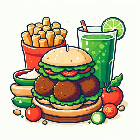 Hamburger, french fries and green smoothie. Vector illustration.のイラスト素材
