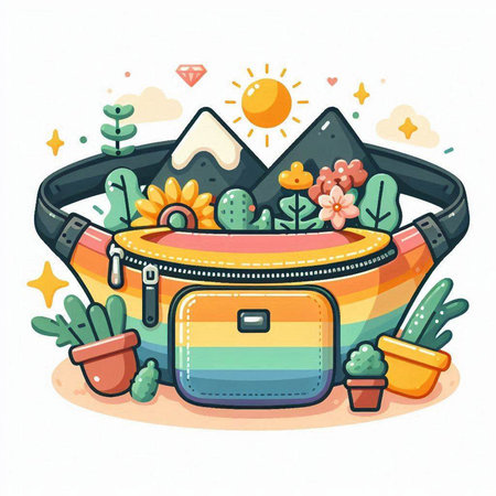 Colorful hand drawn sketch of travel bag with cactus, sun and mountains. Vector illustrationのイラスト素材