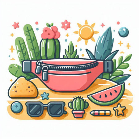 Hand drawn vector illustration of a woman's handbag, sunglasses, cacti, succulents. Isolated objects on white background.のイラスト素材