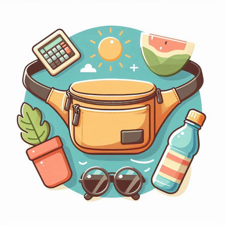 Vector illustration of a set of travel items. Bag, sunglasses, calculator, bottle of water, sun, palm tree.のイラスト素材