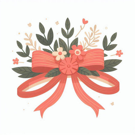 Vector illustration of a red bow with flowers and leaves on a white background.のイラスト素材