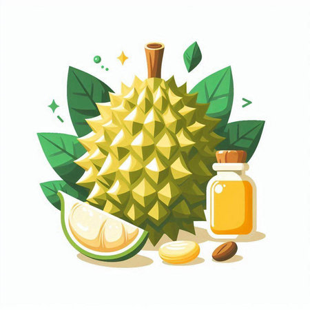 Fresh durian fruit with leaves and essential oil. Vector illustration.のイラスト素材