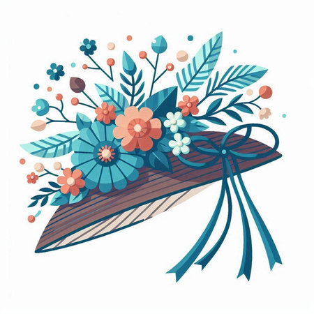 Hand drawn vector illustration of a beautiful bouquet of flowers in a hat.のイラスト素材