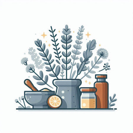 Flat vector illustration of herbs and spices in mortar and pestle.のイラスト素材